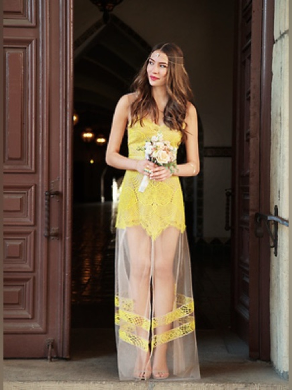 For Love Lemons Antigua Maxi Dress Chartreuse Lace Mesh Sheer Overlay Womens XS